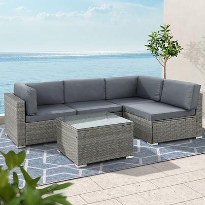 Gardeon 5-Piece Outdoor Sofa Set Wicker Couch Lounge Setting 4 Seater Grey - Cosy Abode