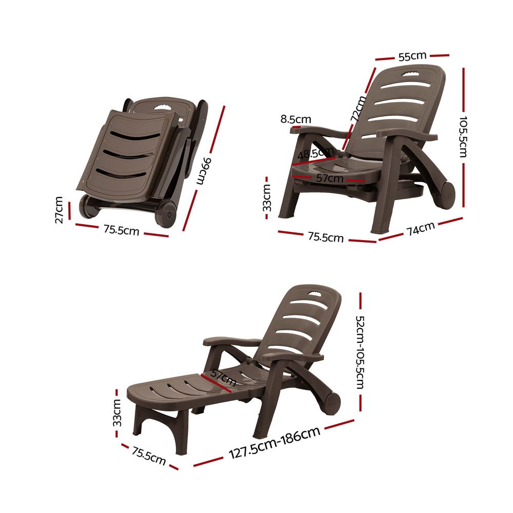 Gardeon Sun Lounger Folding Lounge Chair Wheels Patio Outdoor Furniture Brown - Cosy Abode