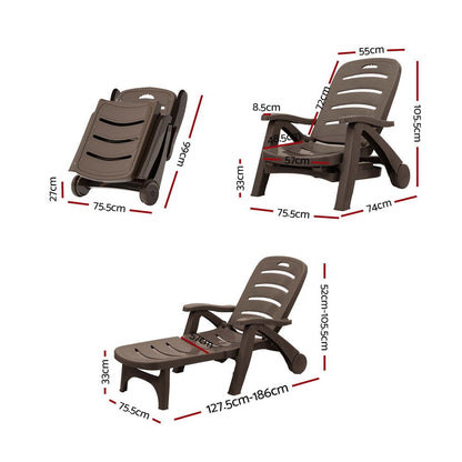 Gardeon Sun Lounger Folding Lounge Chair Wheels Patio Outdoor Furniture Brown - Cosy Abode