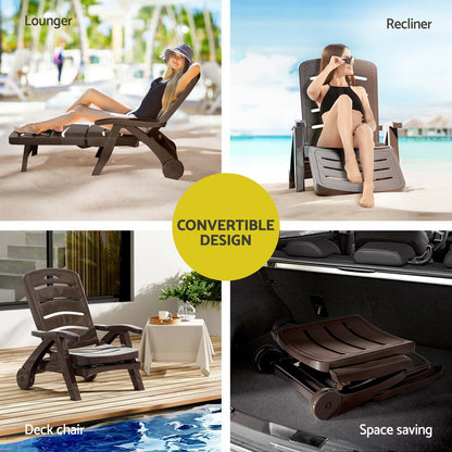 Gardeon Sun Lounger Folding Lounge Chair Wheels Patio Outdoor Furniture Brown - Cosy Abode