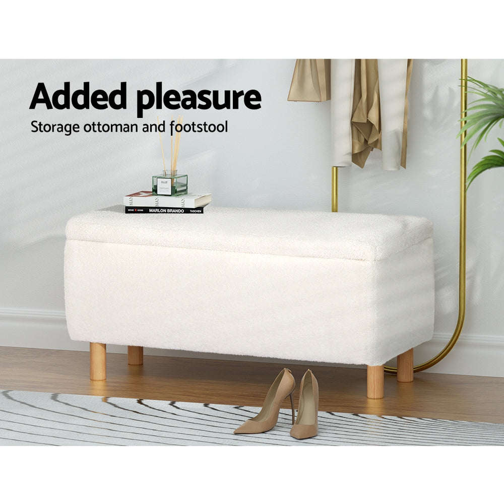 Artiss Storage Ottoman Blanket Box 99cm Teddy Fabric White - Cosy Abode