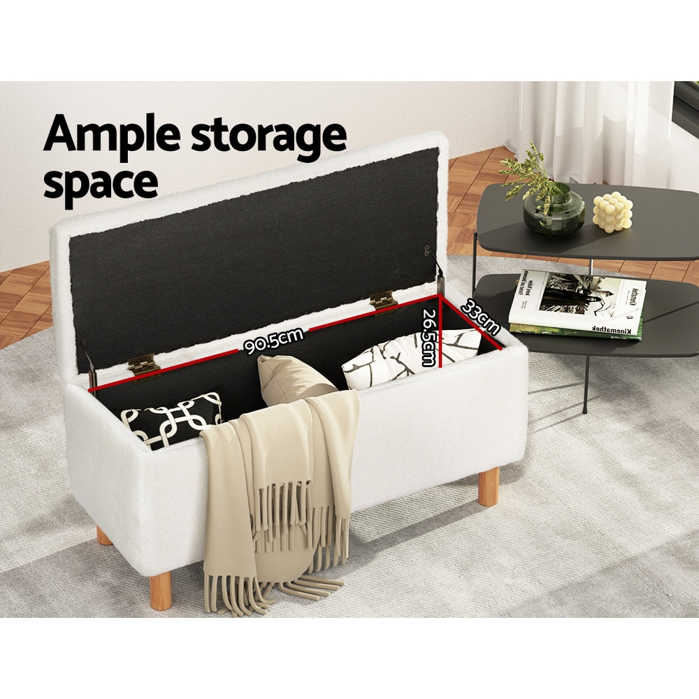Artiss Storage Ottoman Blanket Box 99cm Teddy Fabric White - Cosy Abode