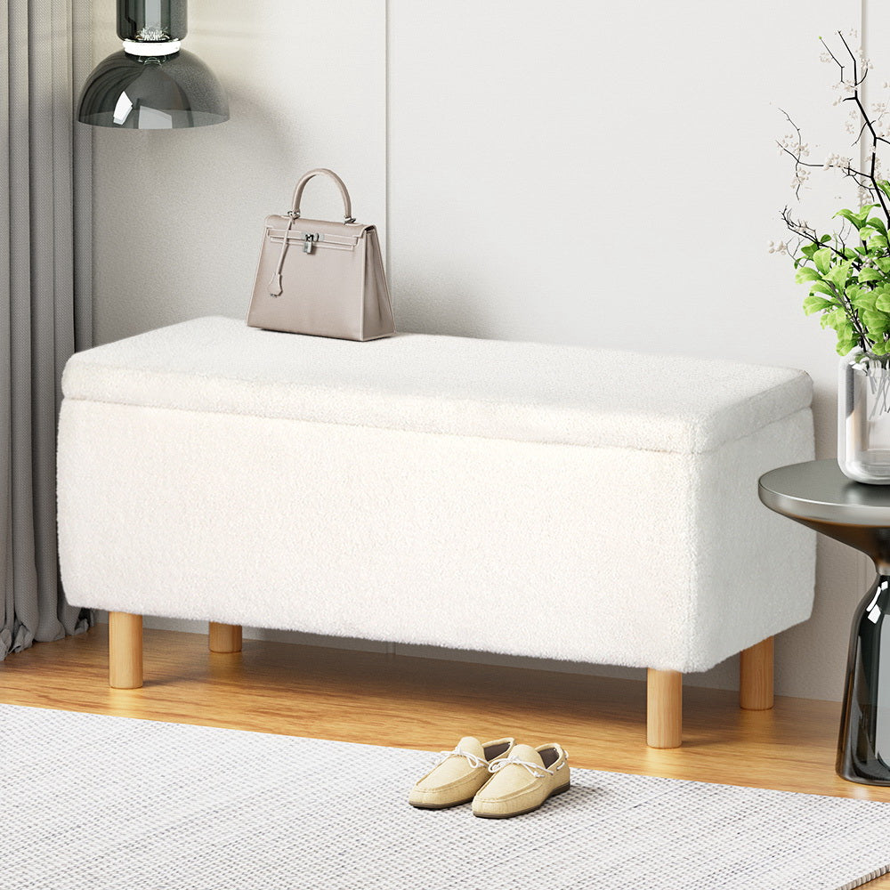 Artiss Storage Ottoman Blanket Box 99cm Teddy Fabric White - Cosy Abode