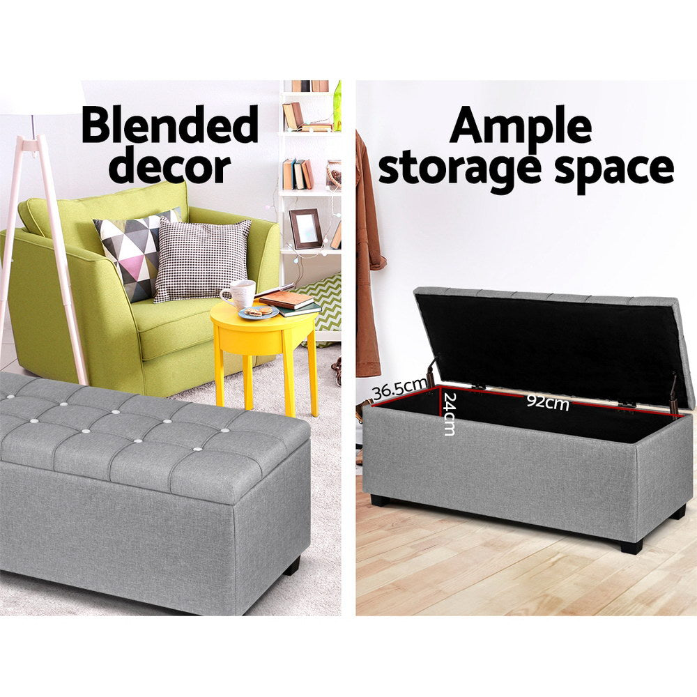 Artiss Storage Ottoman Blanket Box 97cm Button Linen Grey - Cosy Abode