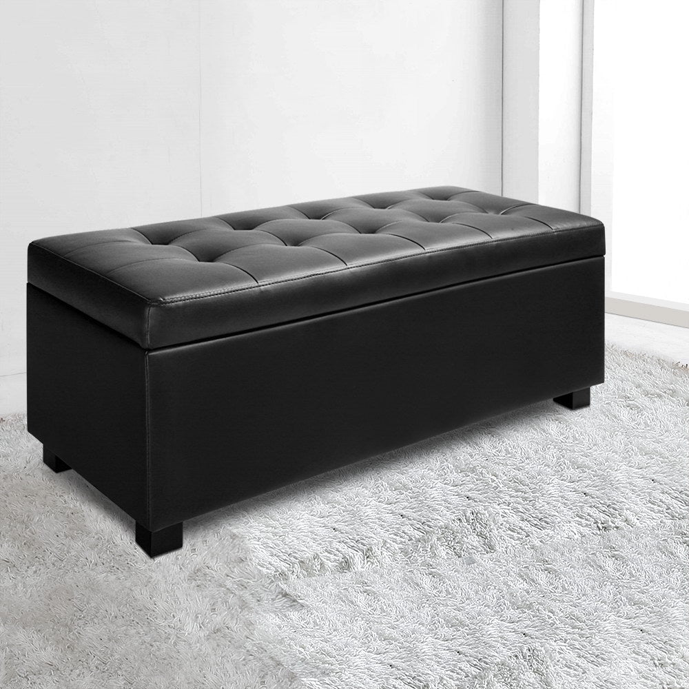 Artiss Storage Ottoman Blanket Box 97cm Leather Black - Cosy Abode