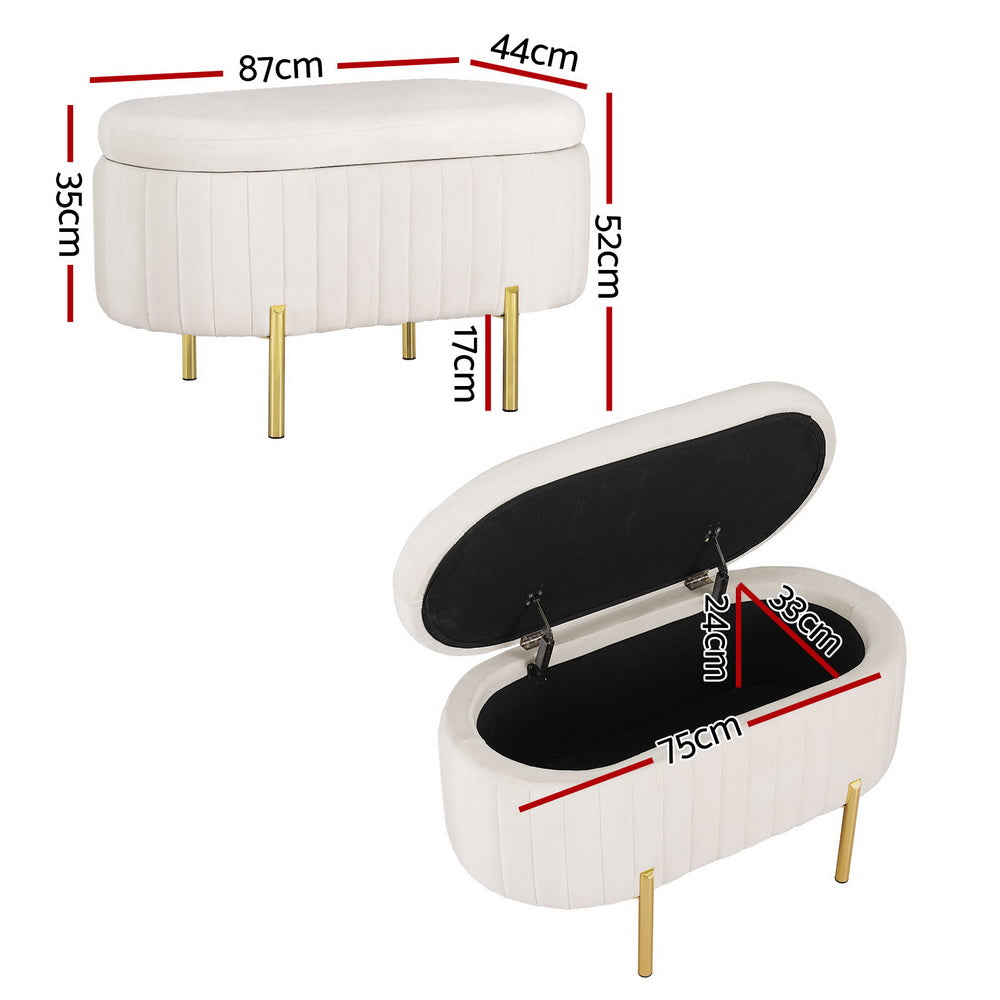 Artiss Storage Ottoman Blanket Box 87cm Velvet Oval White - Cosy Abode