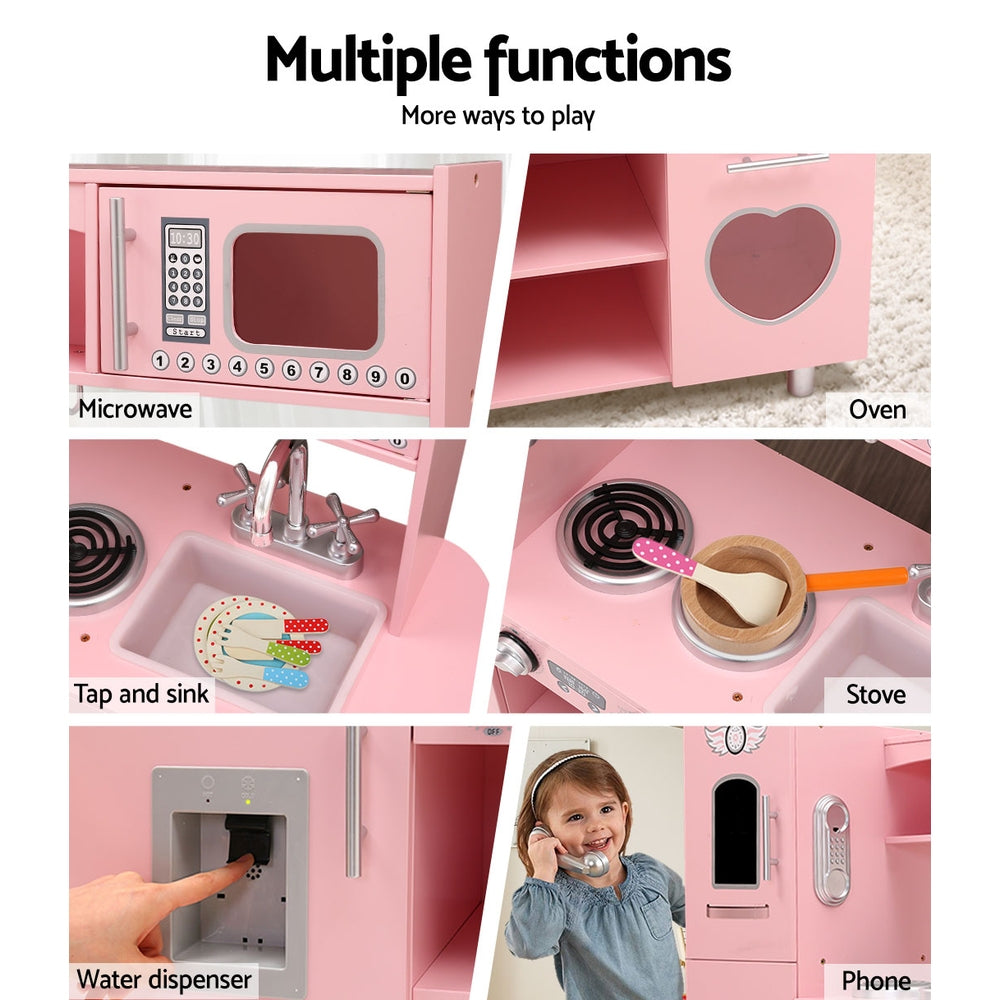 Keezi Kids Kitchen Play Set Wooden Pretend Toys Cooking Children Food Pink - Cosy Abode