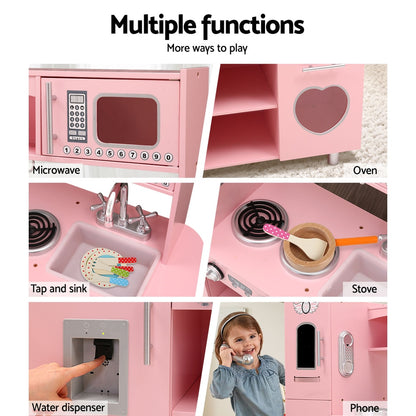 Keezi Kids Kitchen Play Set Wooden Pretend Toys Cooking Children Food Pink - Cosy Abode