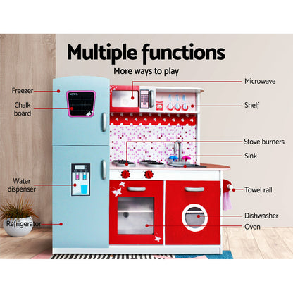 Keezi Kids Kitchen Play Set Wooden Pretend Toys Cooking Children Fridge Oven Red - Cosy Abode