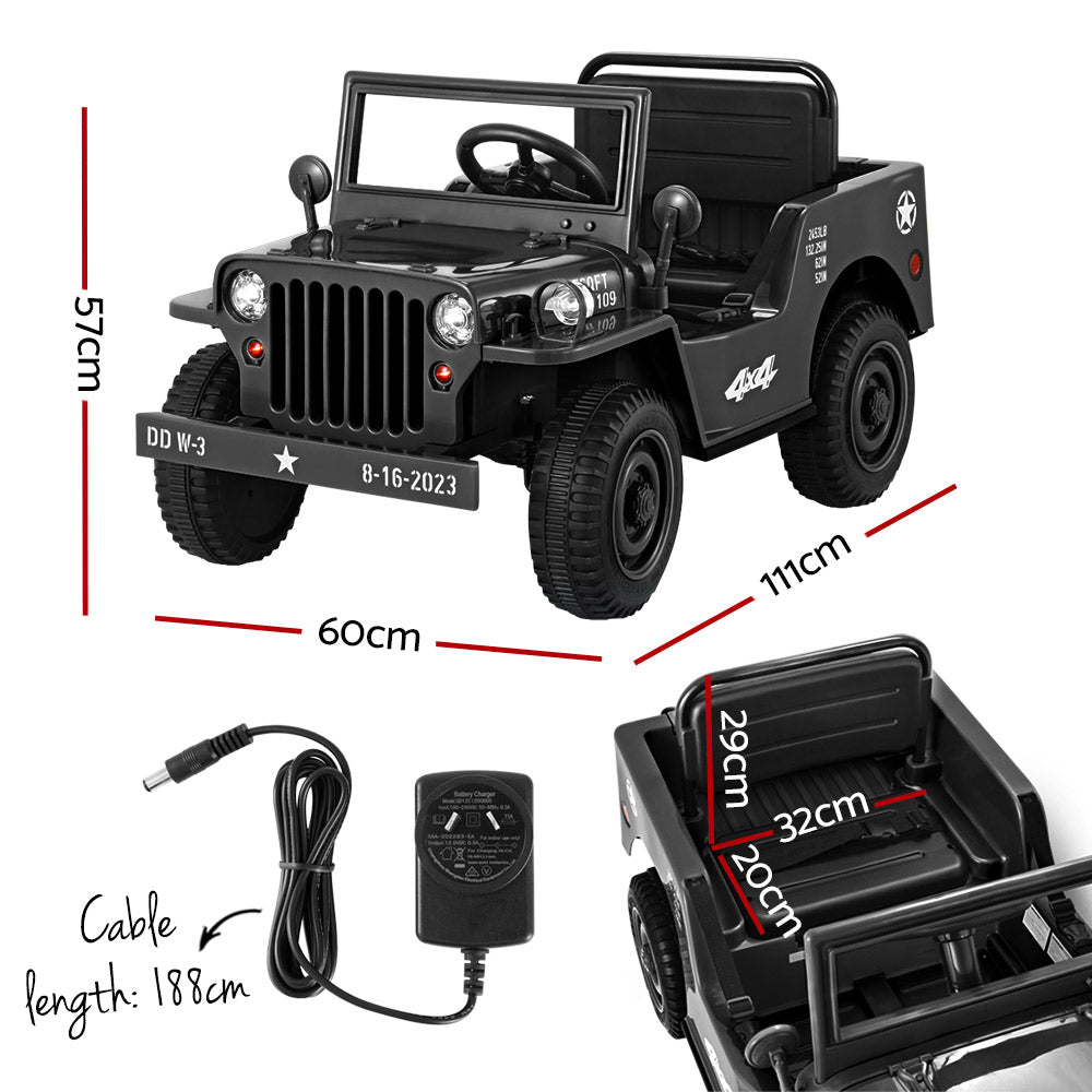 Rigo Kids Electric Ride On Car Jeep Military Off Road Toy Cars Remote 12V Black - Cosy Abode