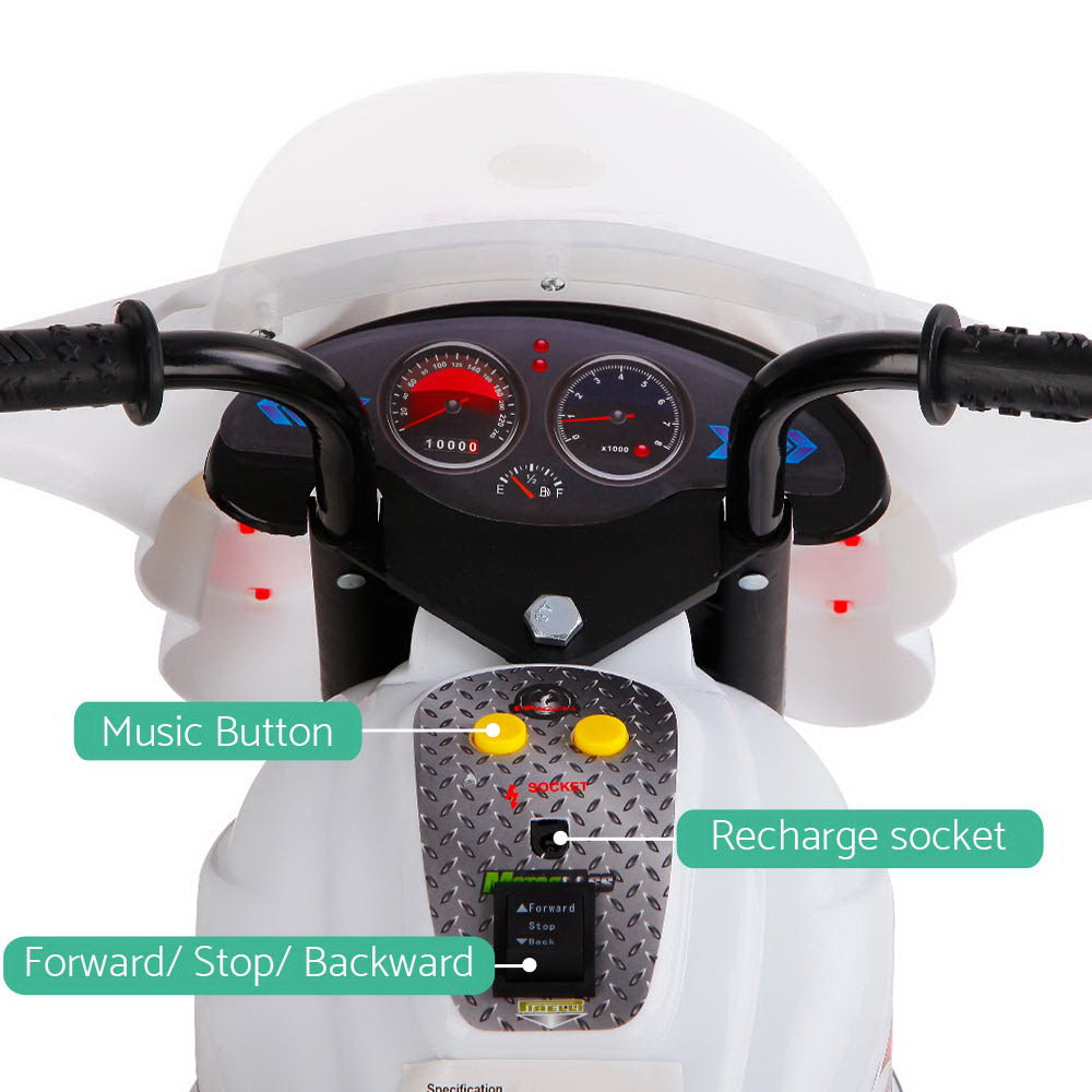 Rigo Kids Electric Ride On Police Motorcycle Motorbike 6V Battery White - Cosy Abode