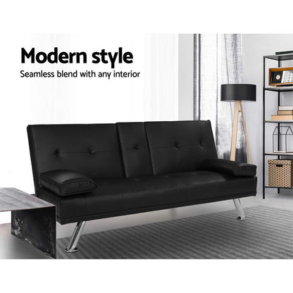 Artiss Sofa Bed 168CM Black PU Leather - Cosy Abode