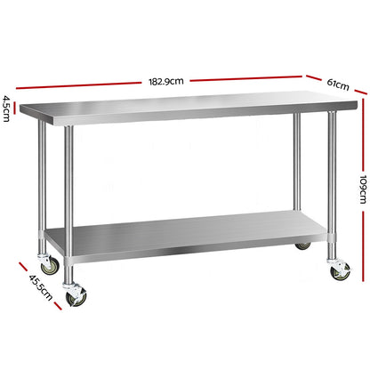 Cefito 1829x610mm Stainless Steel Kitchen Bench with Wheels 304 - Cosy Abode