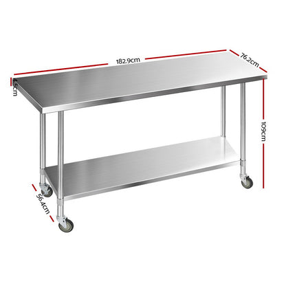 Cefito 1829x760mm Stainless Steel Kitchen Bench with Wheels 430 - Cosy Abode