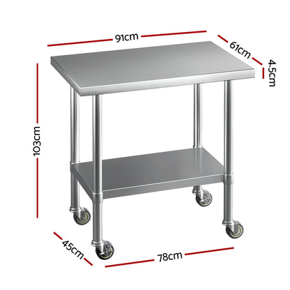 Cefito Stainless Steel Kitchen Benches Work Bench Wheels 91X61CM 430 - Cosy Abode