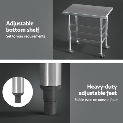 Cefito Stainless Steel Kitchen Benches Work Bench Wheels 91X61CM 430 - Cosy Abode