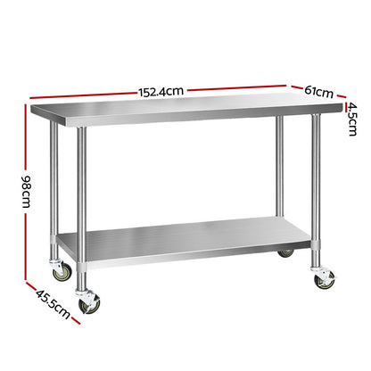 Cefito 1524x610mm Stainless Steel Kitchen Bench with Wheels 430 - Cosy Abode