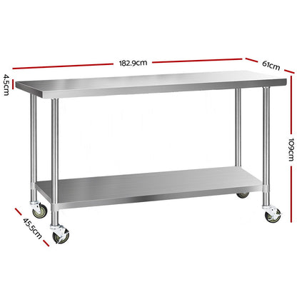 Cefito 1829x610mm Stainless Steel Kitchen Bench with Wheels 430 - Cosy Abode