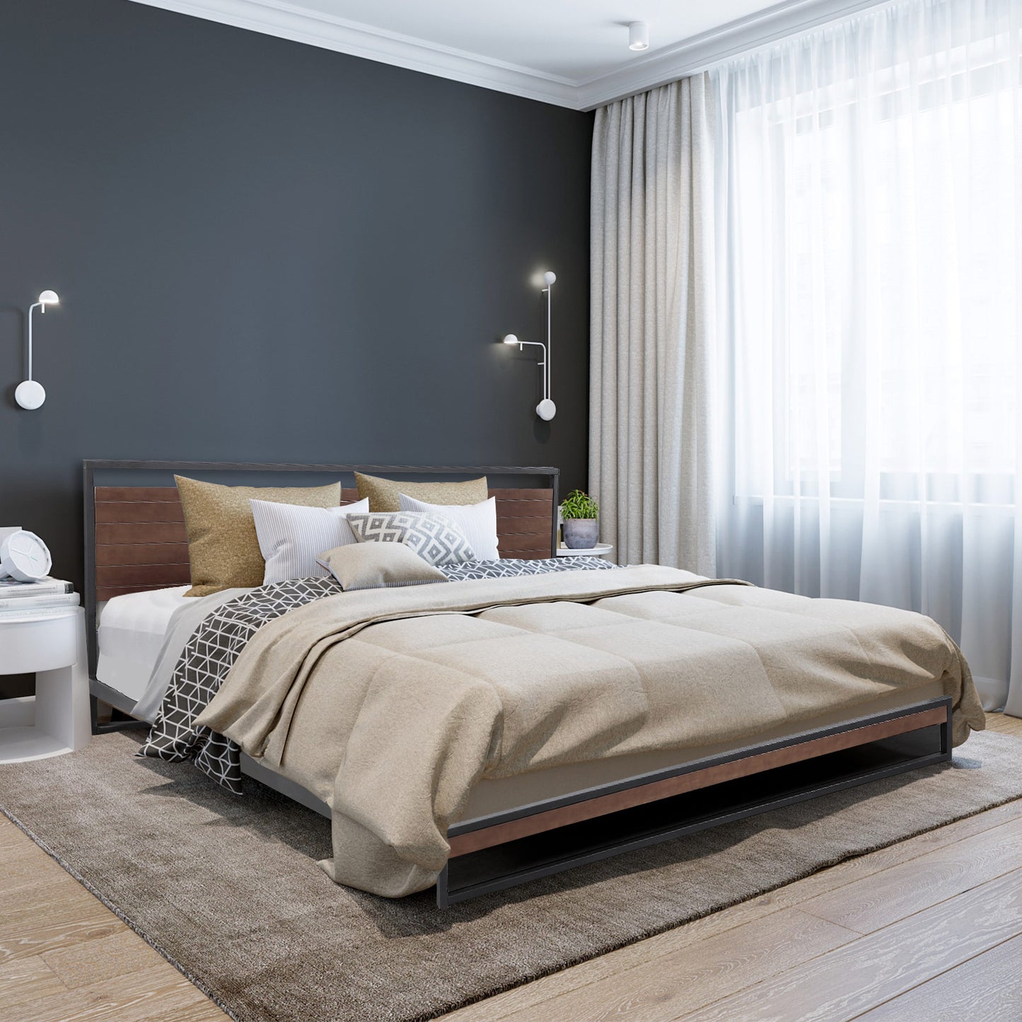 Milano Decor Azure Bed Frame With Headboard Black Wood Steel Platform Bed - Single - Black - Cosy Abode