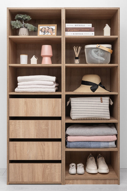 GENEVA THREE SHELF/FOUR DRAWER BUILT IN WARDROBE - CLASSIC - NATURAL OAK - Cosy Abode