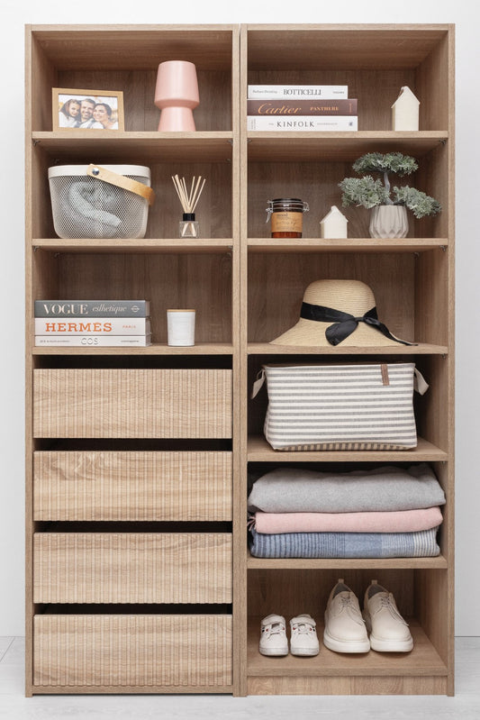 GENEVA THREE SHELF/FOUR DRAWER BUILT IN WARDROBE - FLUTED - NATURAL OAK - Cosy Abode