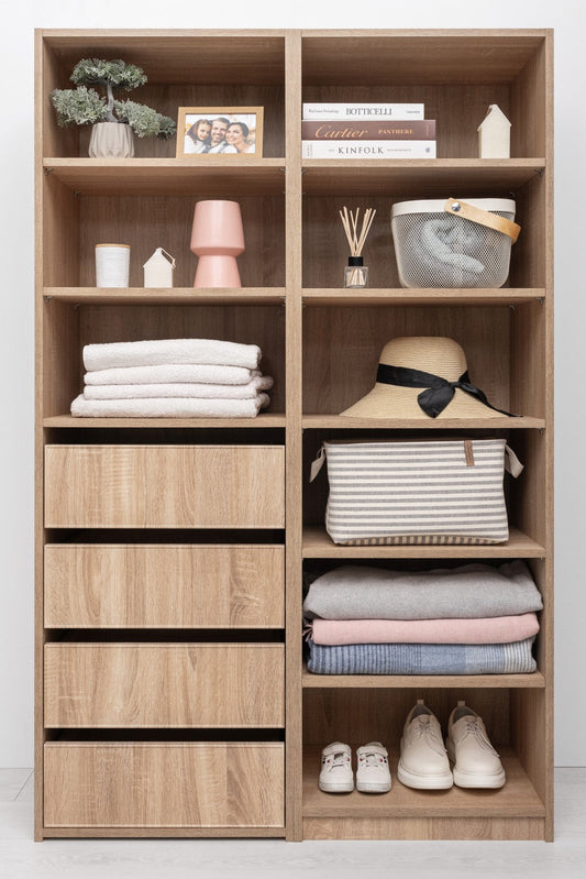 GENEVA THREE SHELF/FOUR DRAWER BUILT IN WARDROBE - SLIM SHAKER - NATURAL OAK - Cosy Abode