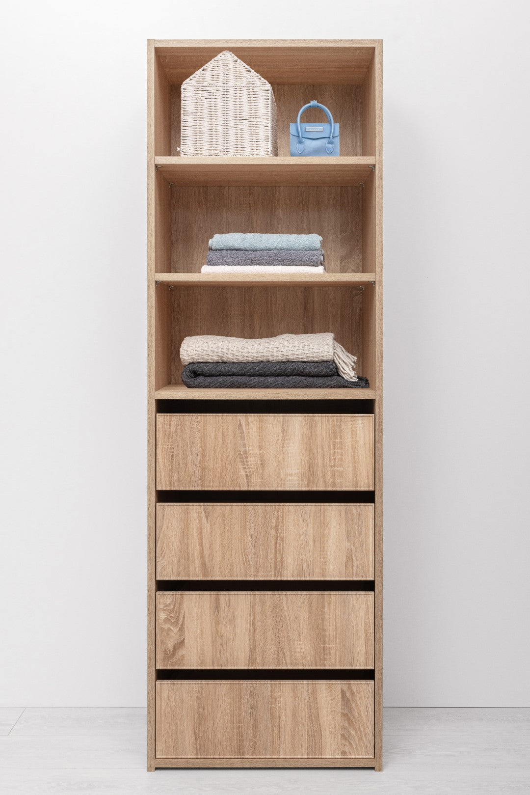 GENEVA THREE SHELF/FOUR DRAWER BUILT IN WARDROBE - SLIM SHAKER - NATURAL OAK - Cosy Abode