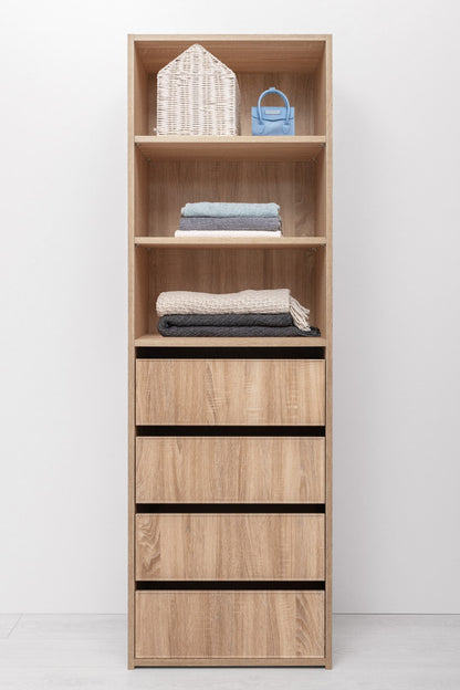 GENEVA THREE SHELF/FOUR DRAWER BUILT IN WARDROBE - SLIM SHAKER - NATURAL OAK - Cosy Abode