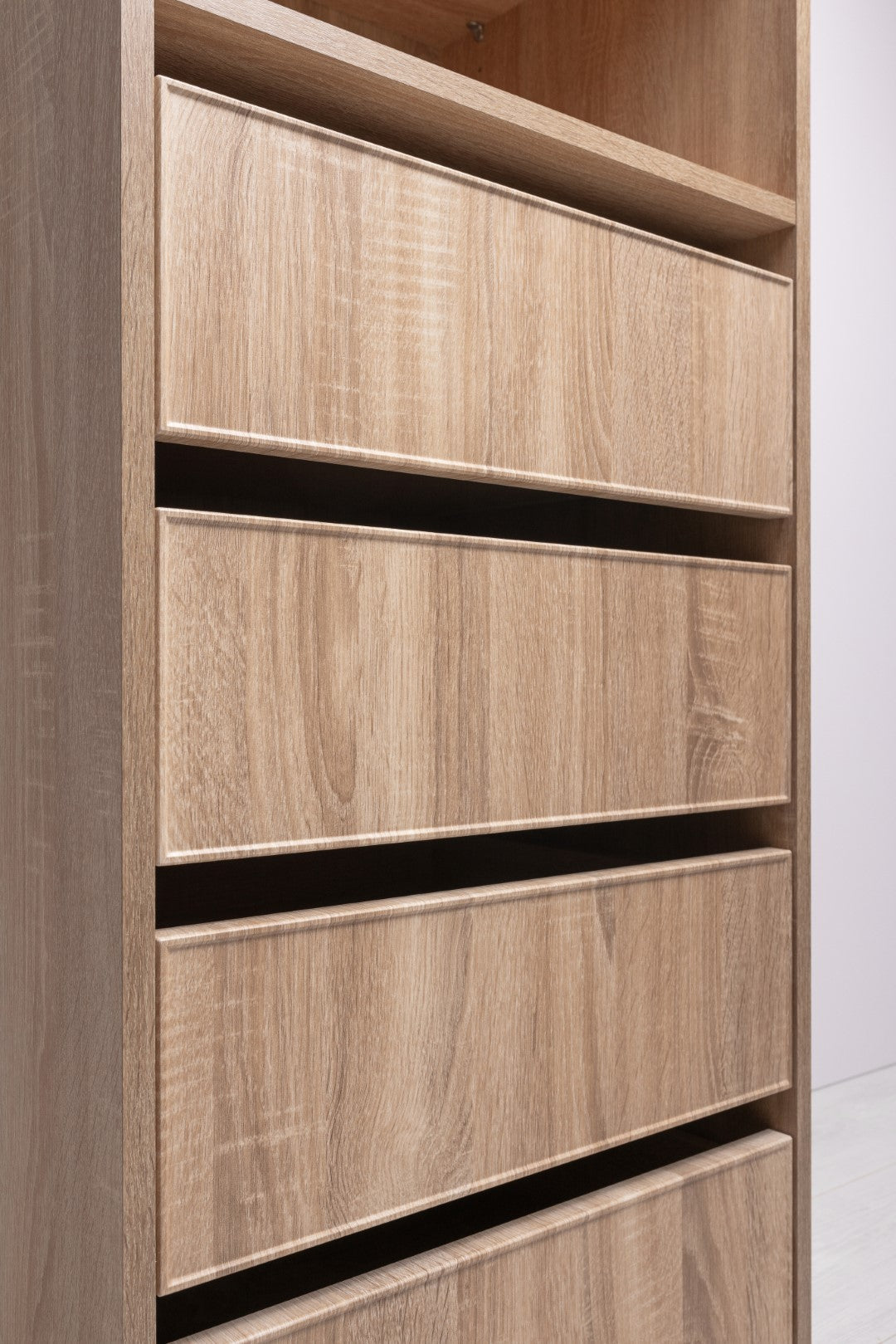 GENEVA THREE SHELF/FOUR DRAWER BUILT IN WARDROBE - SLIM SHAKER - NATURAL OAK - Cosy Abode