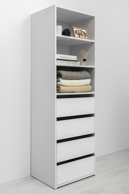 GENEVA THREE SHELF/FOUR DRAWER BUILT IN WARDROBE - SLIM SHAKER - WHITE - Cosy Abode