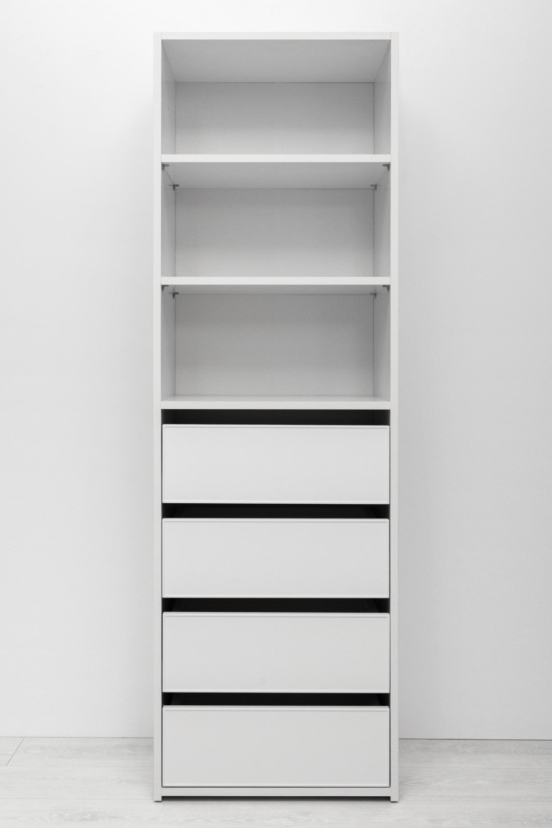 GENEVA THREE SHELF/FOUR DRAWER BUILT IN WARDROBE - SLIM SHAKER - WHITE - Cosy Abode