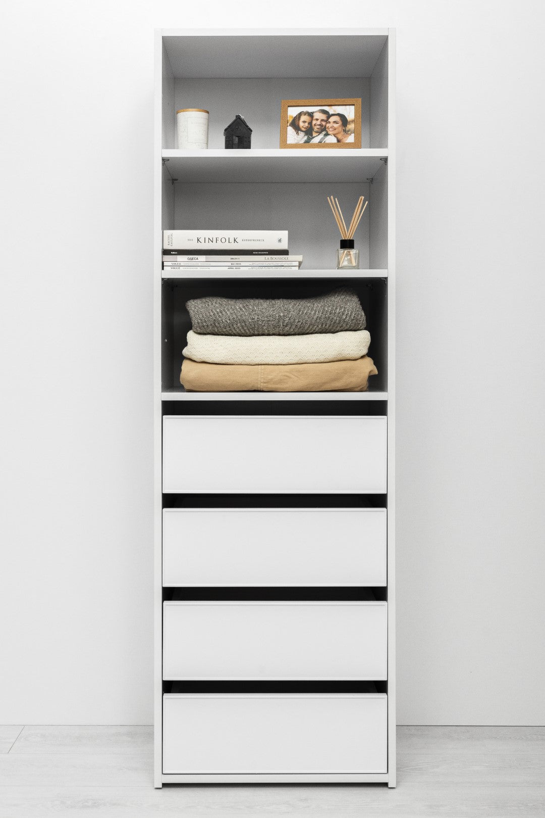 GENEVA THREE SHELF/FOUR DRAWER BUILT IN WARDROBE - SLIM SHAKER - WHITE - Cosy Abode