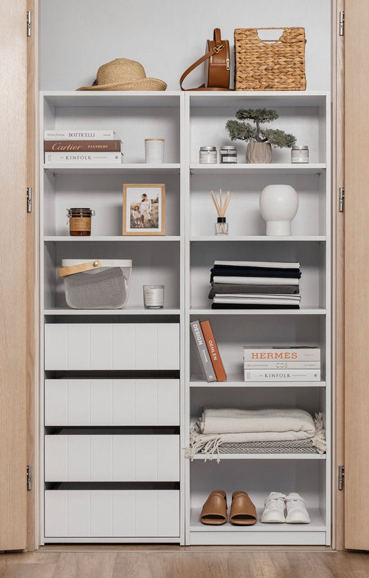 GENEVA THREE SHELF/FOUR DRAWER BUILT IN WARDROBE - VJ PANEL - Cosy Abode