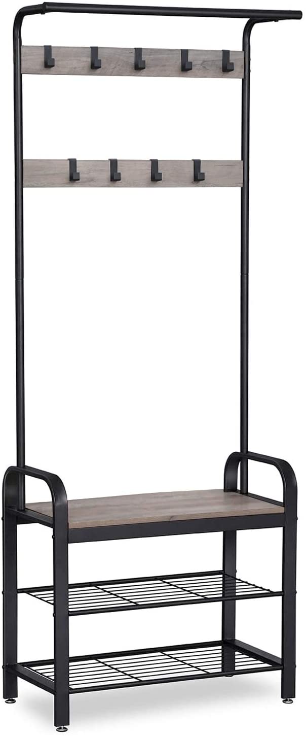 Greige and Black Steel Freestanding Coat Rack Stand with Removable Hooks, Bench and Shoe Rack, Height 183 cm - Cosy Abode