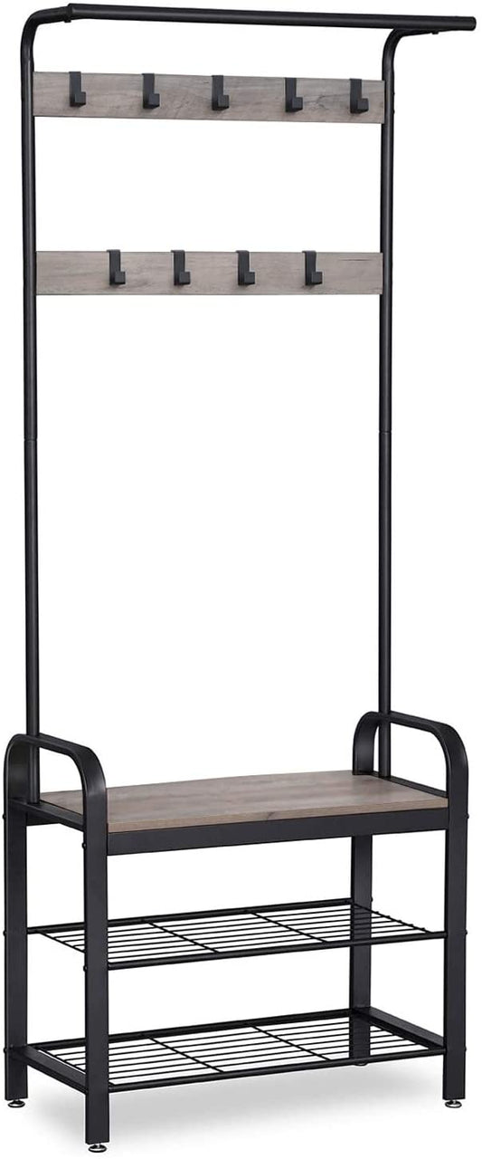 Greige and Black Steel Freestanding Coat Rack Stand with Removable Hooks, Bench and Shoe Rack, Height 183 cm - Cosy Abode