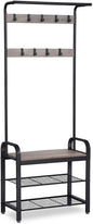 Greige and Black Steel Freestanding Coat Rack Stand with Removable Hooks, Bench and Shoe Rack, Height 183 cm - Cosy Abode