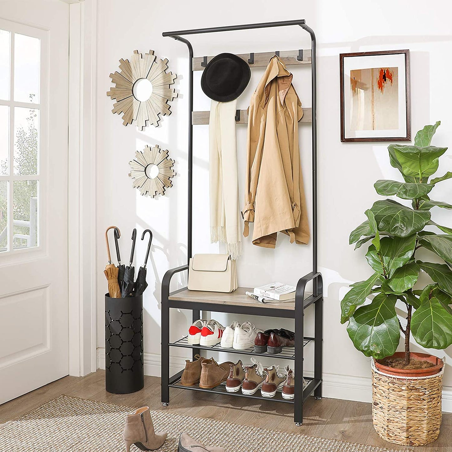 Greige and Black Steel Freestanding Coat Rack Stand with Removable Hooks, Bench and Shoe Rack, Height 183 cm - Cosy Abode