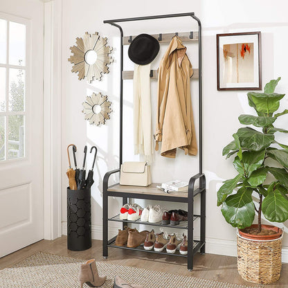 Greige and Black Steel Freestanding Coat Rack Stand with Removable Hooks, Bench and Shoe Rack, Height 183 cm - Cosy Abode