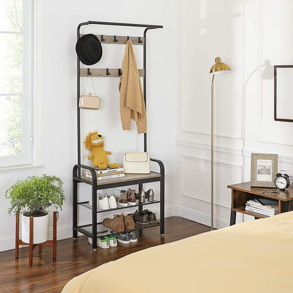 Greige and Black Steel Freestanding Coat Rack Stand with Removable Hooks, Bench and Shoe Rack, Height 183 cm - Cosy Abode