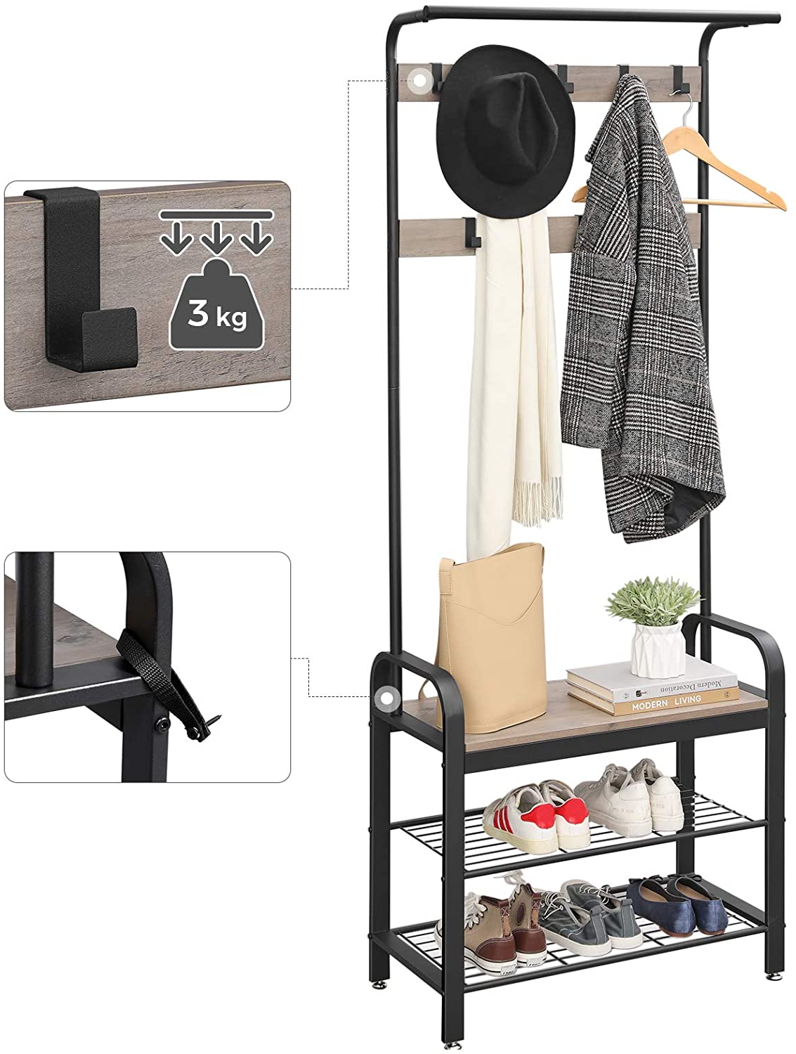 Greige and Black Steel Freestanding Coat Rack Stand with Removable Hooks, Bench and Shoe Rack, Height 183 cm - Cosy Abode