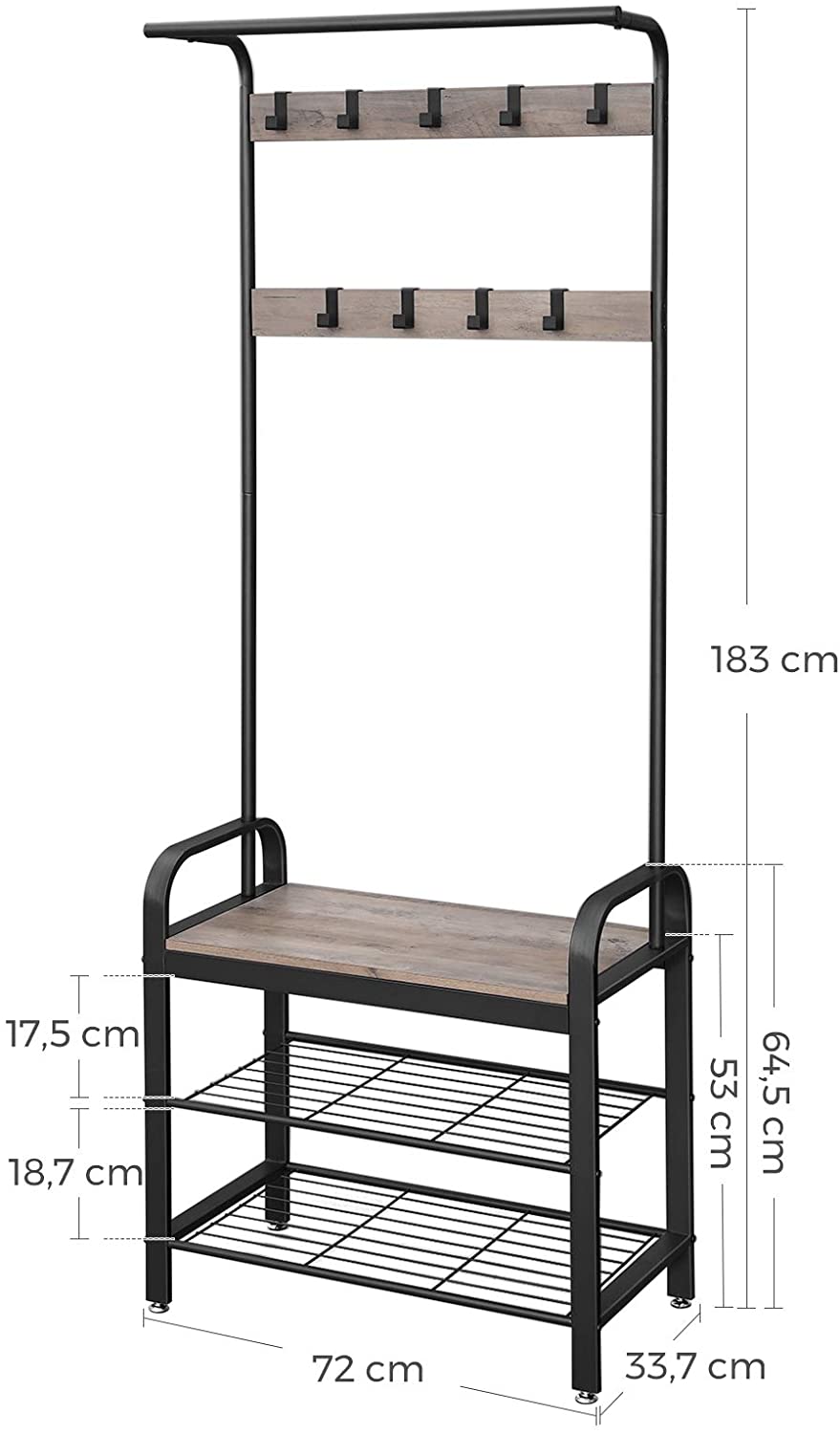 Greige and Black Steel Freestanding Coat Rack Stand with Removable Hooks, Bench and Shoe Rack, Height 183 cm - Cosy Abode