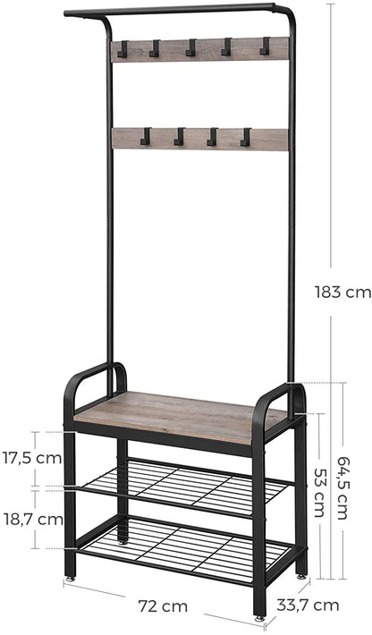 Greige and Black Steel Freestanding Coat Rack Stand with Removable Hooks, Bench and Shoe Rack, Height 183 cm - Cosy Abode