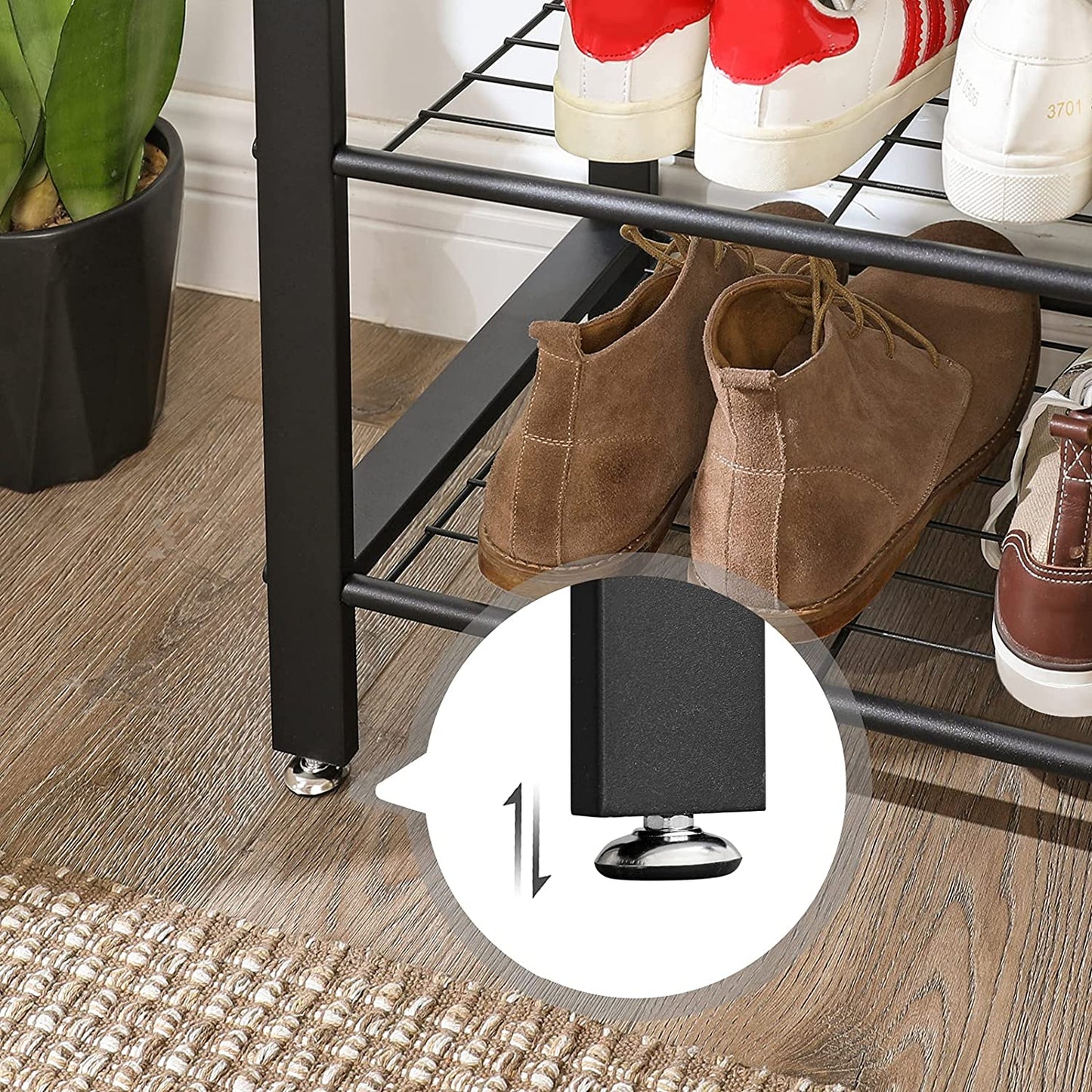 Greige and Black Steel Freestanding Coat Rack Stand with Removable Hooks, Bench and Shoe Rack, Height 183 cm - Cosy Abode