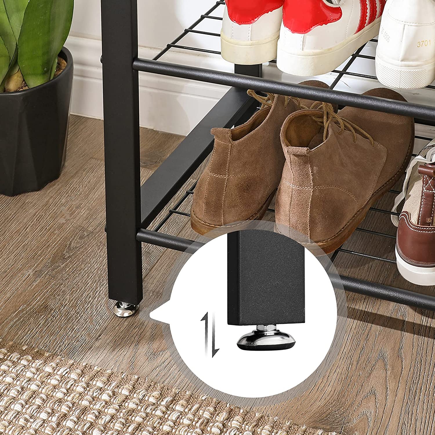 Greige and Black Steel Freestanding Coat Rack Stand with Removable Hooks, Bench and Shoe Rack, Height 183 cm - Cosy Abode
