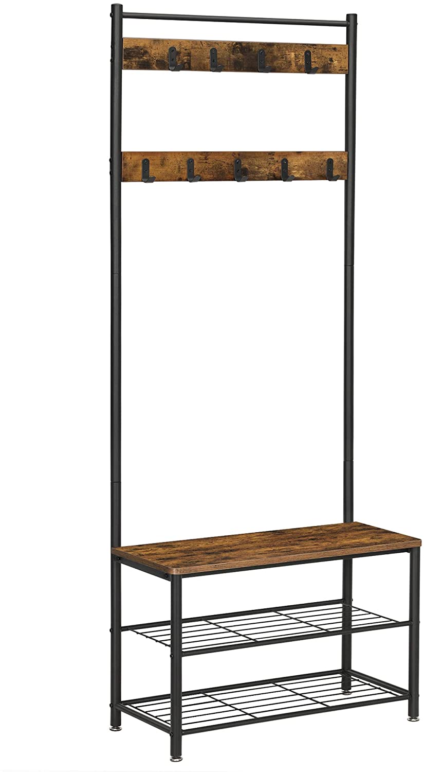 Rustic Brown Coat Rack Stand with Hallway Shoe Rack and Bench with Shelves Matte Metal Frame Height 175 cm - Cosy Abode