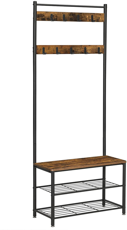 Rustic Brown Coat Rack Stand with Hallway Shoe Rack and Bench with Shelves Matte Metal Frame Height 175 cm - Cosy Abode