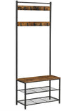 Rustic Brown Coat Rack Stand with Hallway Shoe Rack and Bench with Shelves Matte Metal Frame Height 175 cm - Cosy Abode