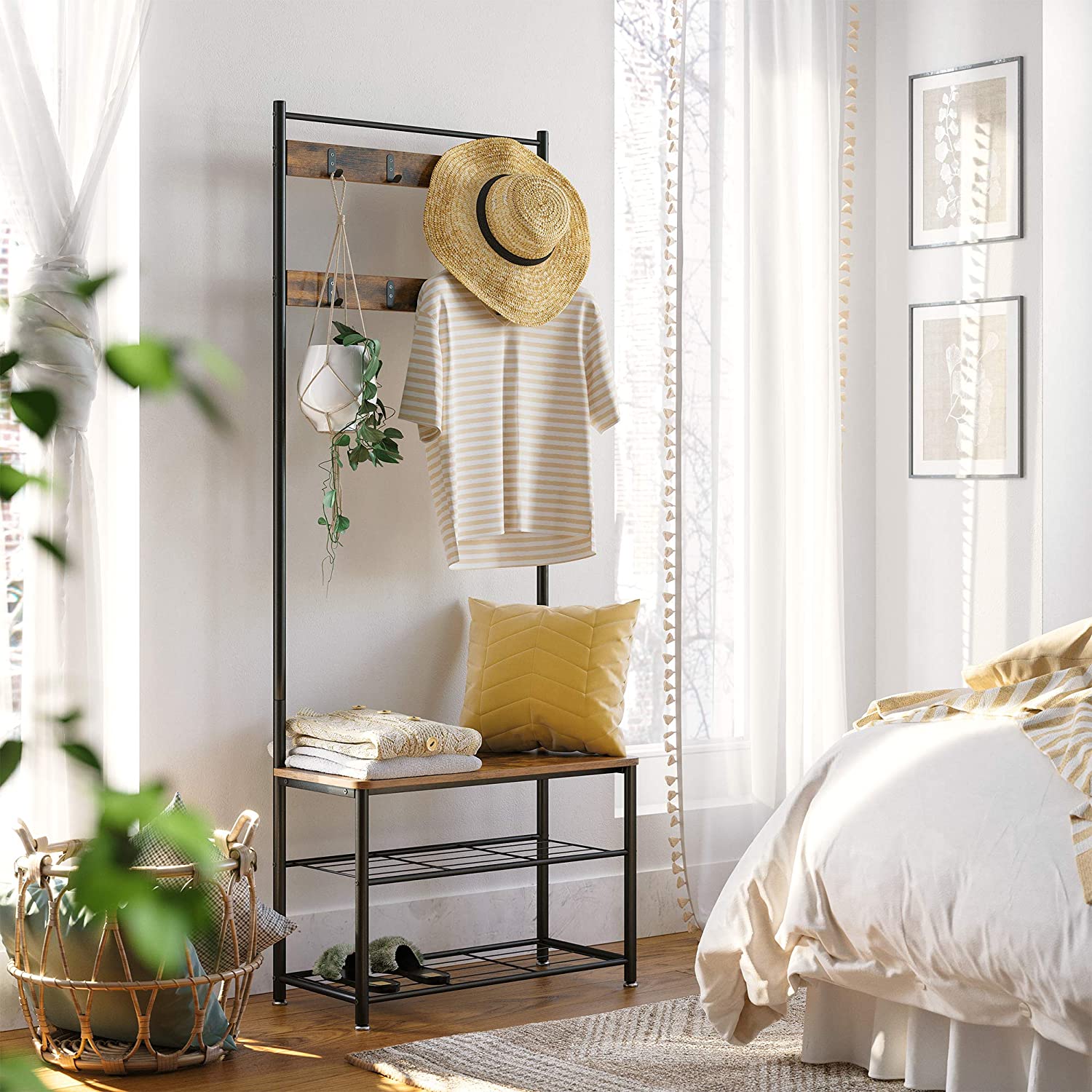 Rustic Brown Coat Rack Stand with Hallway Shoe Rack and Bench with Shelves Matte Metal Frame Height 175 cm - Cosy Abode