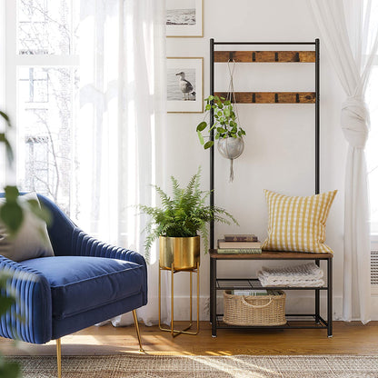 Rustic Brown Coat Rack Stand with Hallway Shoe Rack and Bench with Shelves Matte Metal Frame Height 175 cm - Cosy Abode