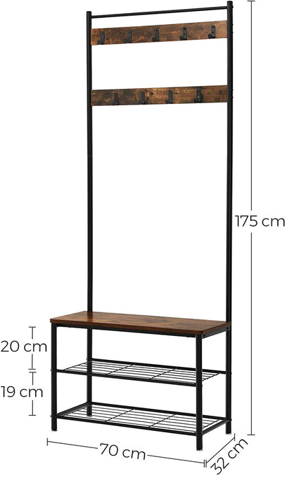 Rustic Brown Coat Rack Stand with Hallway Shoe Rack and Bench with Shelves Matte Metal Frame Height 175 cm - Cosy Abode